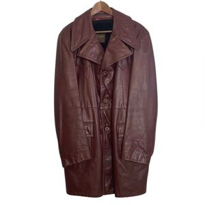 Vintage Leather Coat Mens 46 Oxblood Red Faux Fur Lining Retro 70s Jacket BAMF